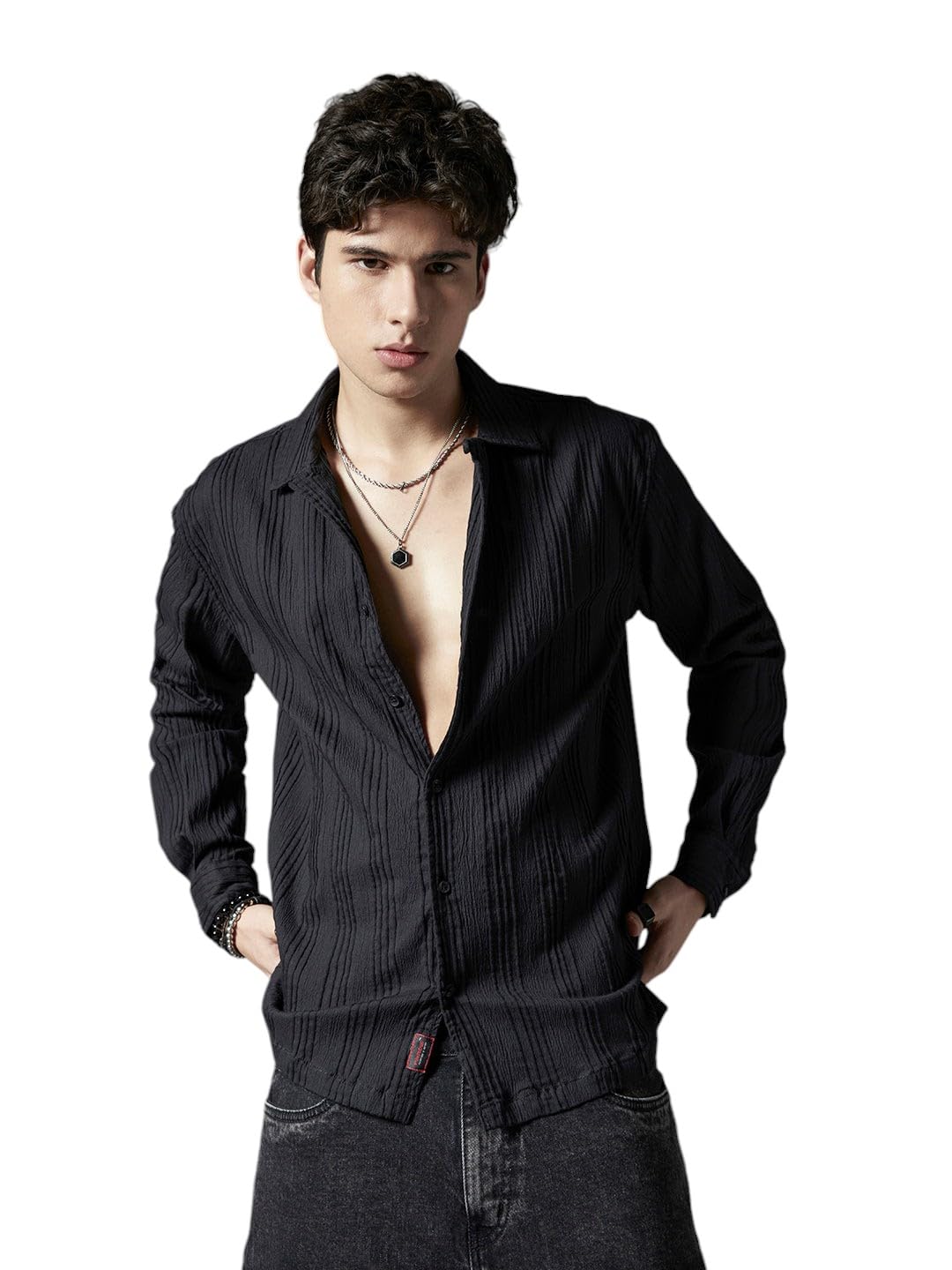 voltedge adventure in motion Voltedge Men Premium Relaxed Fit Pleat Textured Black Cotton Stretch Casual Shirt-picture-3