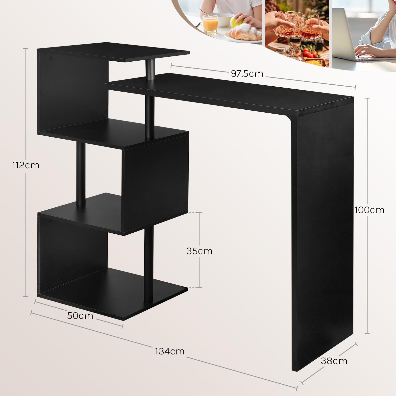 WOLTU Bartisch Stehtisch Bistrotisch Bartheke Tresentisch, mit 3 Ablagefläche, drehbar, Metall, MDF, 134x112x38cm(BxHxT), Schwarz