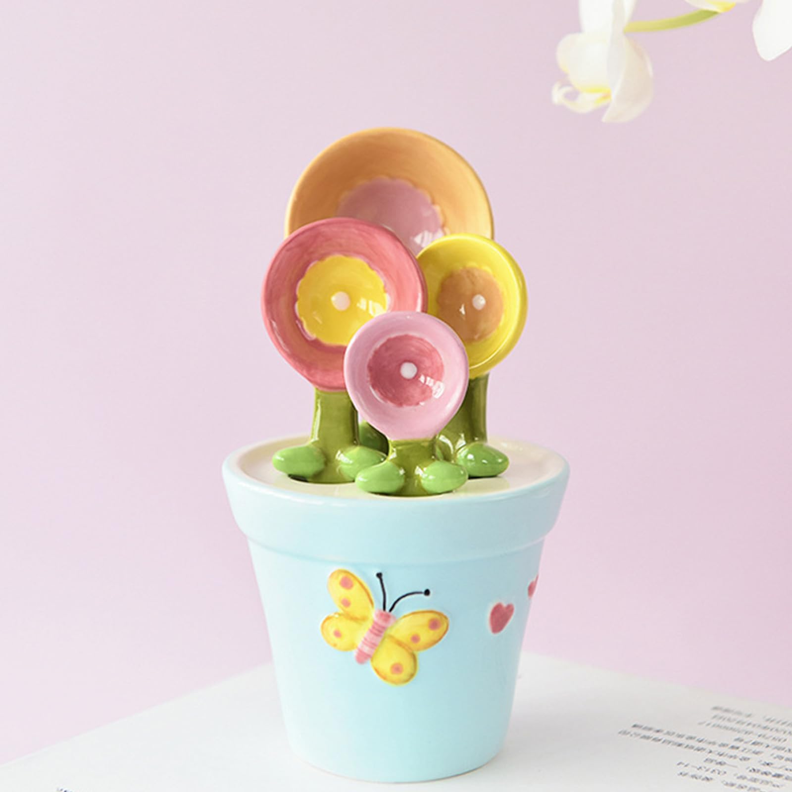 Cucchiaio dosatore in ceramica con manico ergonomico con vaso da fiori a forma di supporto per sali, zucchero misurato, utensili di misurazione sicuri in forno
