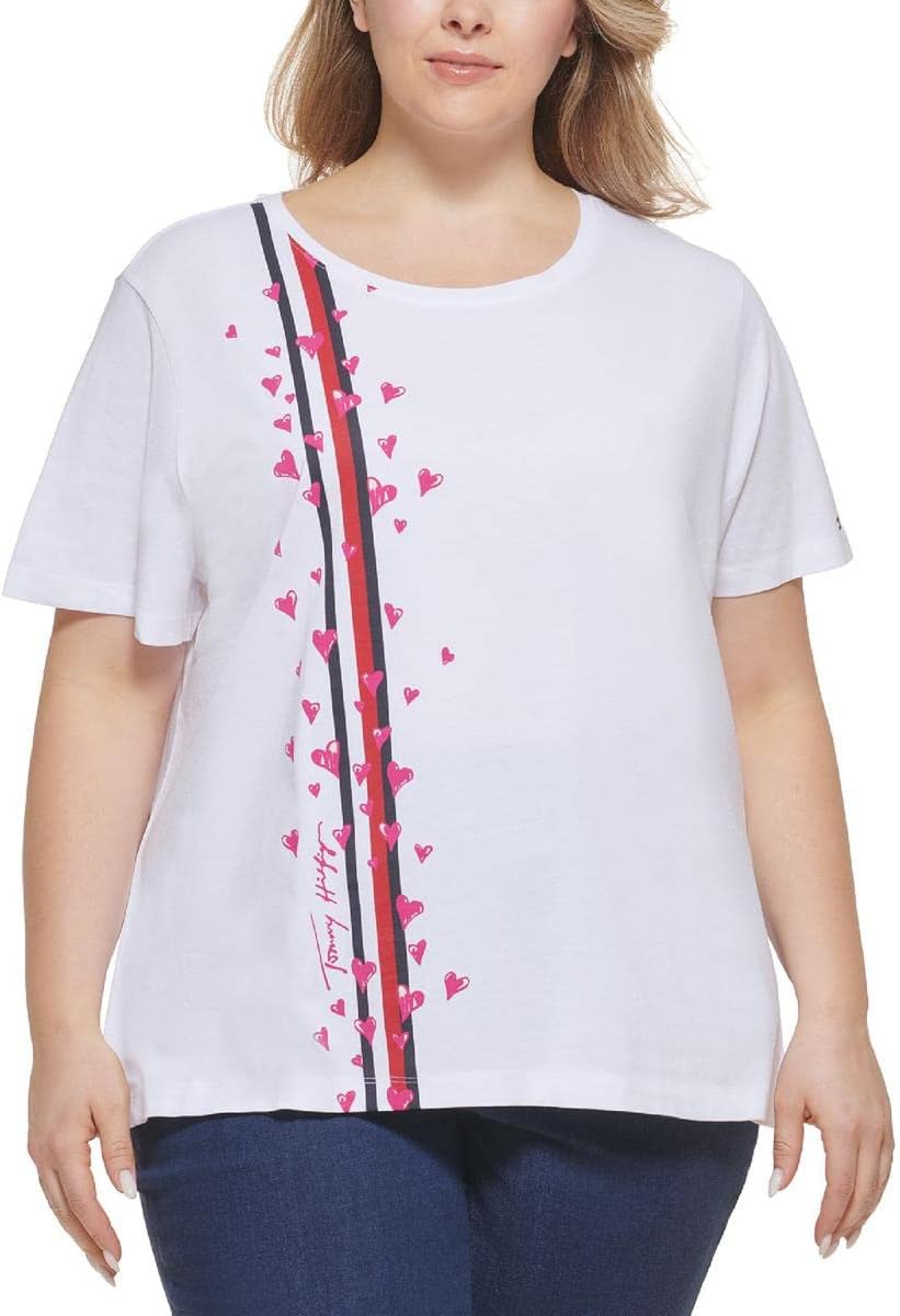 Tommy Hilfiger Womens Plus Heart-Print Short Sleeve Graphic T-Shirt White 1X