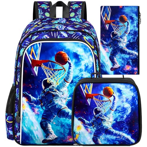 Image of HPJGD 3PCS Kids Astronaut Backpack, Water Resistant Bookbag for Boys Set with Lunch Box, Cool School Bag for Elementary Preschool Toddler - Basketball Astronaut