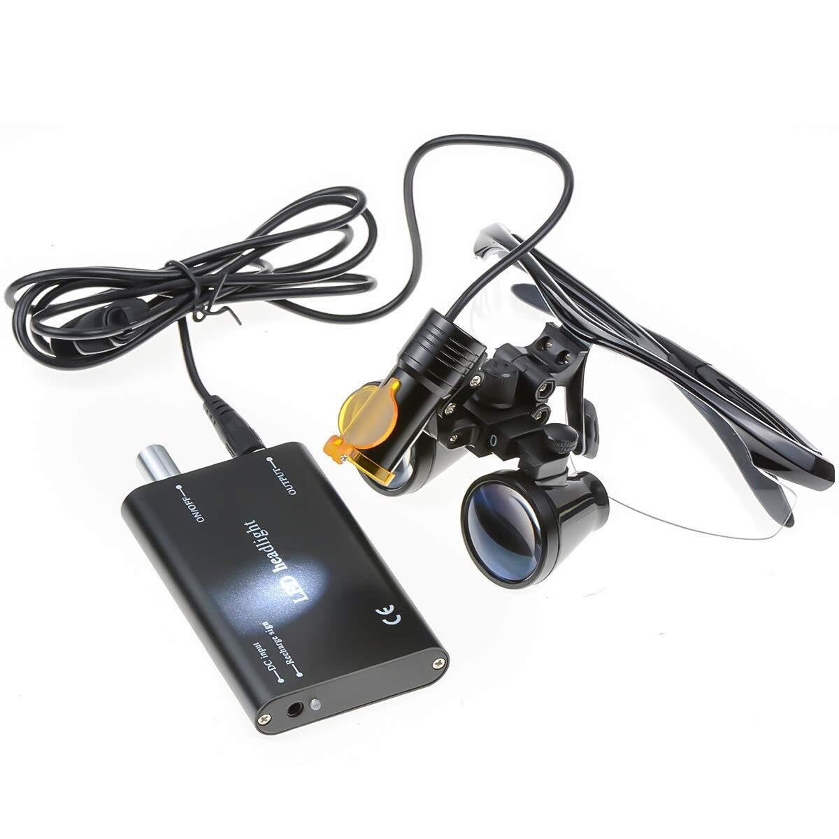 Lente di ingrandimento binocolo 3,5 x 420 mm con faro LED 5 W ricaricabile e filtro, per odontoiatria, chirurgia, oftalmologia, ORL, con valigetta in alluminio DY-007