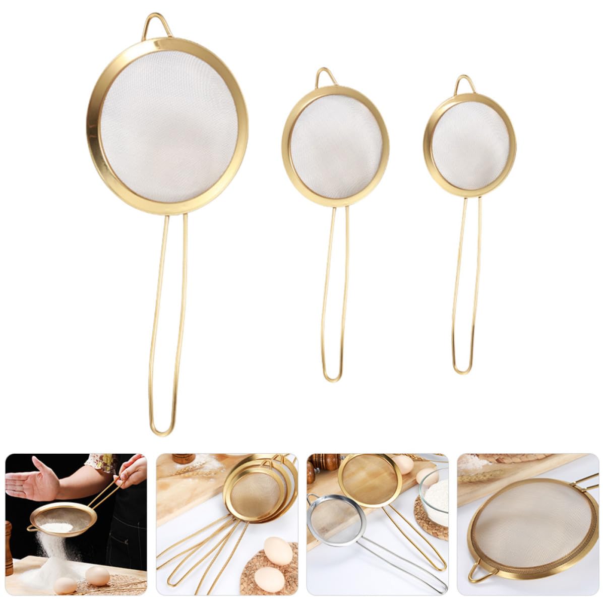 Set da 3 Pezzi Colino a Rete Fine in Acciaio Inox Dorato Foro per Appendere, Filtro Multifunzione per Succo, Farina e Uso Cucina