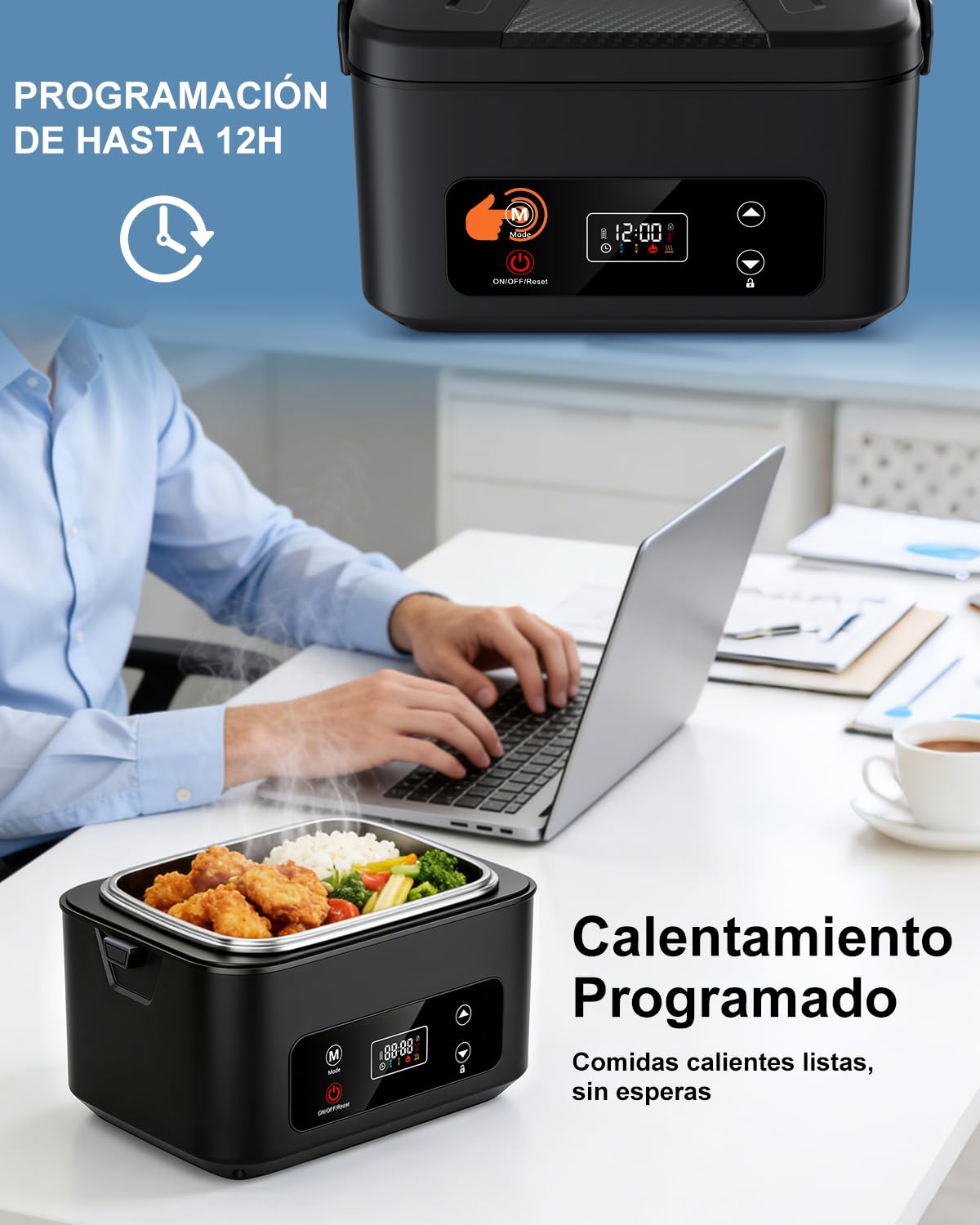 Fiambrera Electrica, 100W Taper Electrico para Comida Extra Grande 1.2L | Fiambrera Electrica con Bateria 2400mAh, Tupper Electrico con Taper Acero Inoxidable para Coche, Camión, Acampada