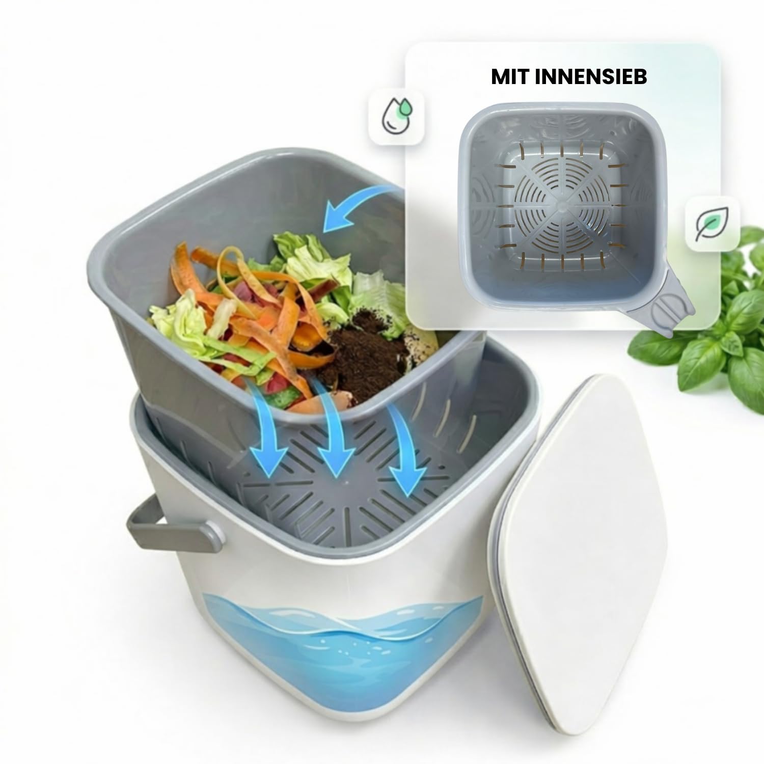 EasyCookAsia Küchen Bio-Mülleimer 5L – Geruchsdichter Komposteimer mit Sieb & Deckel – Spülmaschinenfest – Kompakter Bioabfallbehälter für die Arbeitsplatte