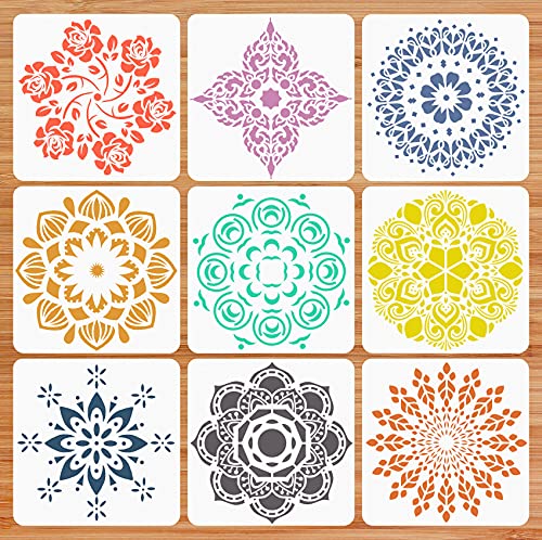 9 Pack 12x12 Inches Reusable Mandala Stencil for Painting on Floor Large Wall Floor Tile Fabric Furniture Stencils Painting Template