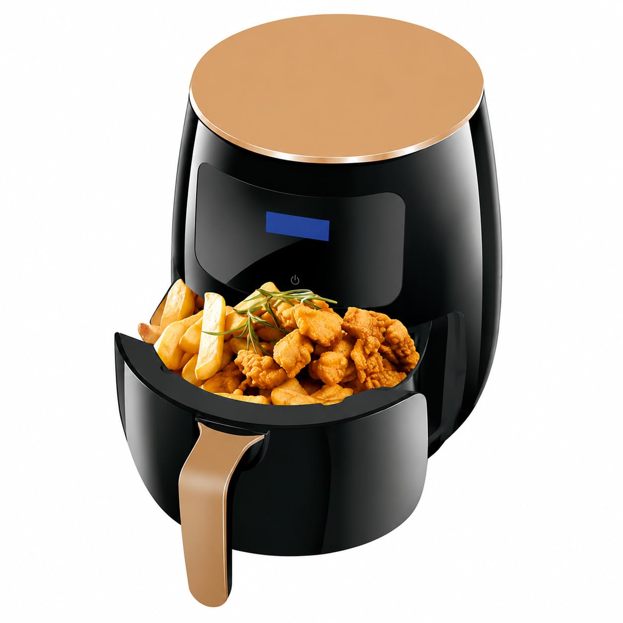 Fritadeira Airfryer Elétrica Sem Óleo 6L Preta e Dourada | Circulação de Ar 360°, Crocante Sem Óleo, Display Digital, Alça Dourada, Uso Doméstico