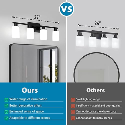 Miniatura 7 de Lámparas de baño sobre espejo, 4 luces de tocador negro mate con cristal blanco y pantalla de vidrio transparente, modernas luces negras para