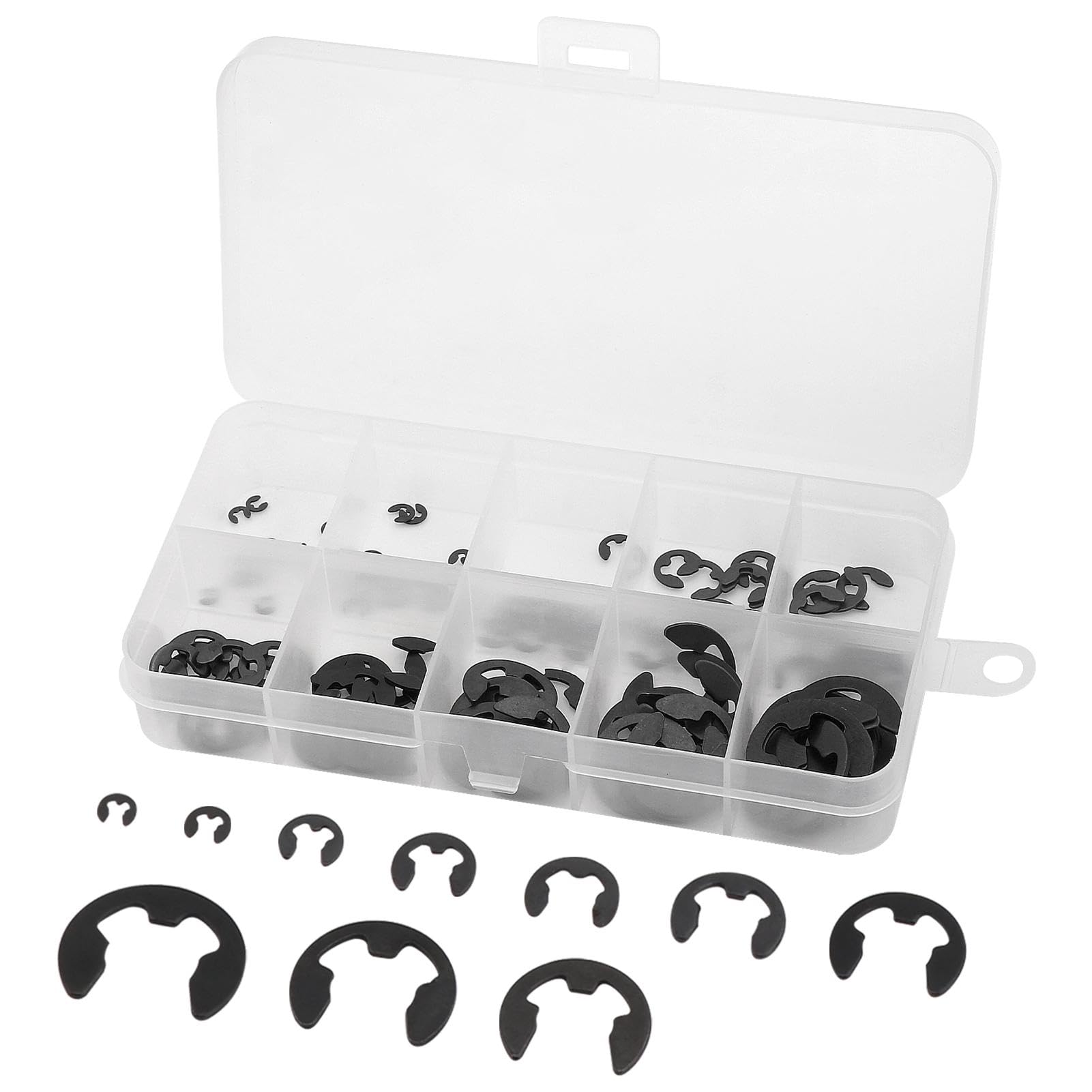Jiakalamo Black, 120Pcs 120/200 Pcs Circlips Assorted Sizes, E Clips, E-Clips Circlip External Retaining Rings Assortment Set, Snap Rings Assortment Kit, Heat Treated External Retaining Clips(Color:black, 120Pcs)