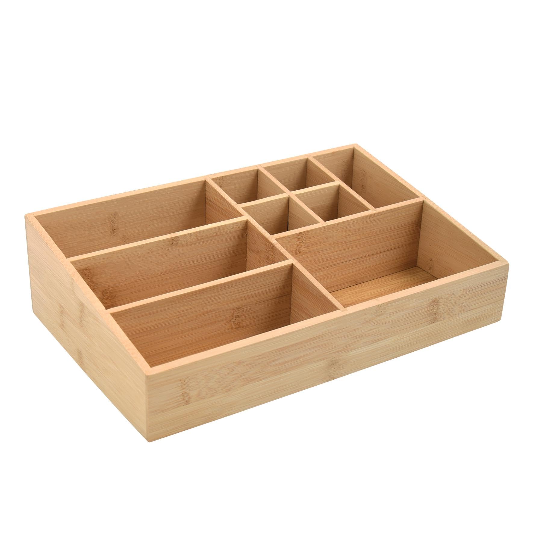 MSV - Makeup Organizer with 10 Compartments - ISALYS Range - Natural Bamboo - Multifunction Storage Box for Cosmetics and Accessories - Beige