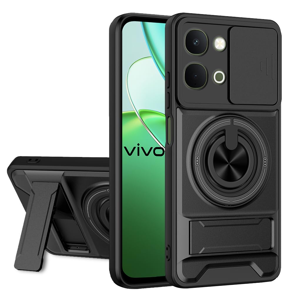 AESTMO iQOO Z11X / Vivo T5X / Vivo Y51 Pro 5G Back Cover | Armor Camera Slider 360 Degree Rotating Finger Ring Holder Case with Bracket Stand & Camera Protection Back Case Cover (Black)