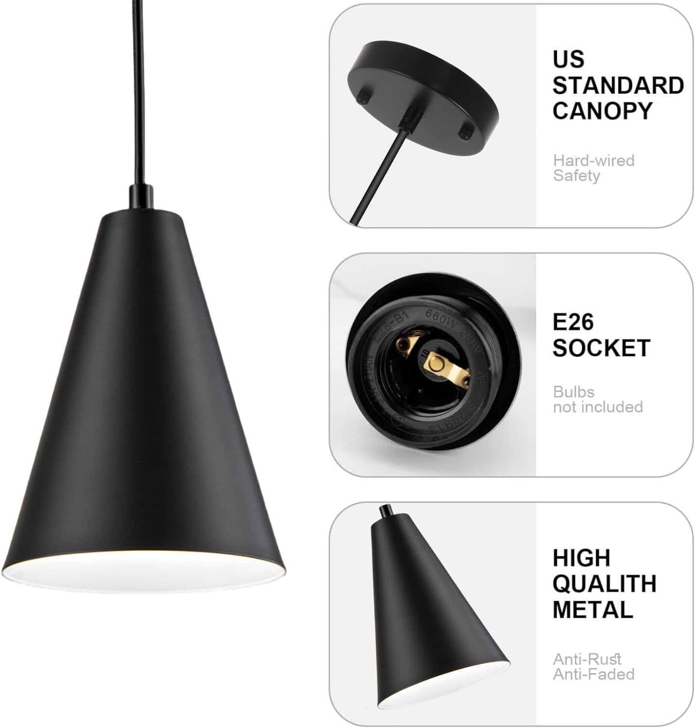 Black Pendant Lights, 3 Pack Industrial Metal Hanging Lamp Modern Vintage Farmhouse Pendant Lighting Fixtures for Kitchen Island Dining Room Bedroom