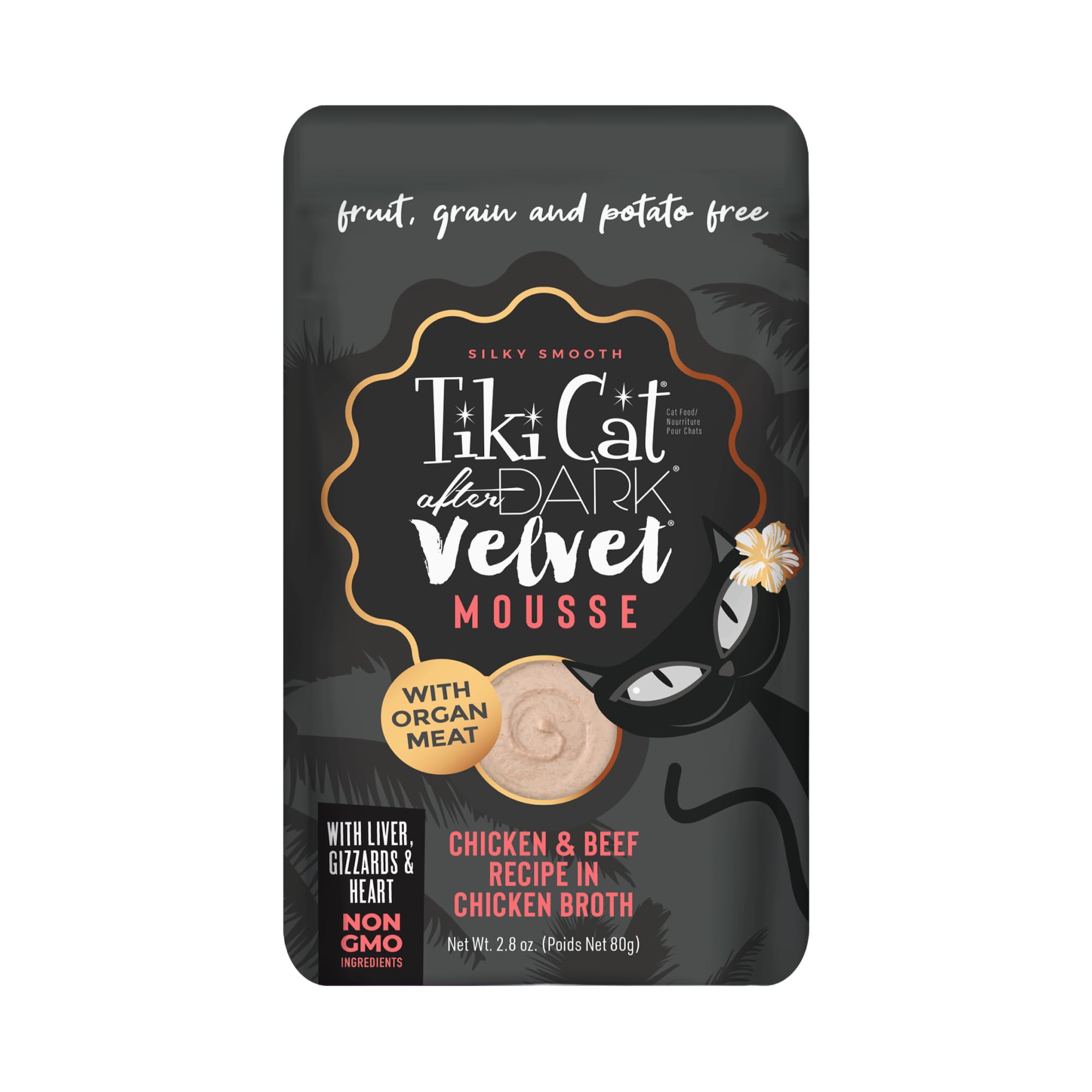 Tiki Cat After Dark, Velvet Mousse, Chicken & Beef Recipe in Chicken Broth, Grain & Potato Free Formula, with High Protein & Nutrient Dense Blended Irresistible Organ Meat, 2.8 oz. Pouch (12 Count)