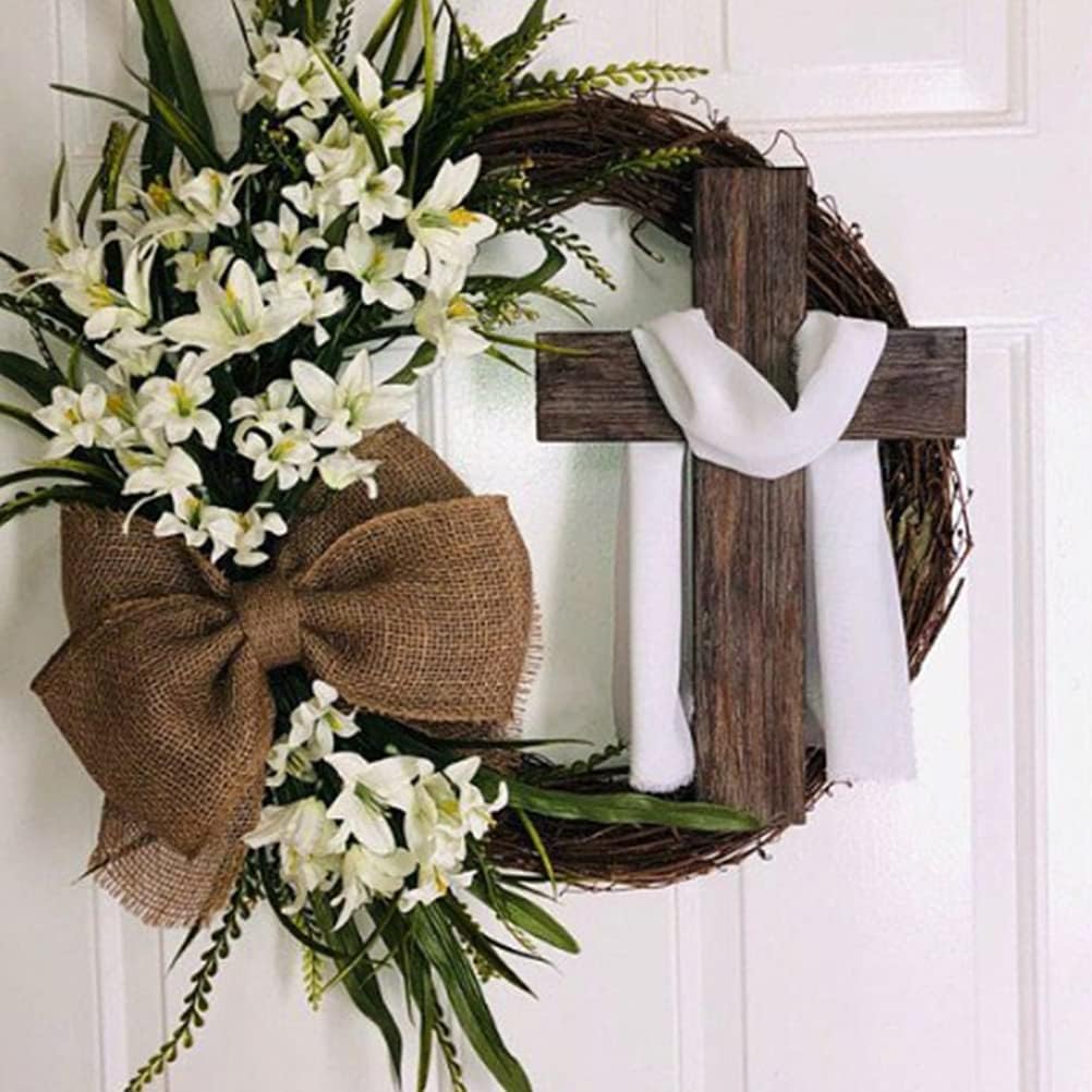 LUOZZY Easter Wreath Artificial Easter Lily Cross Wreath Hanging Decor Wedding Flower Wreath for Front Door