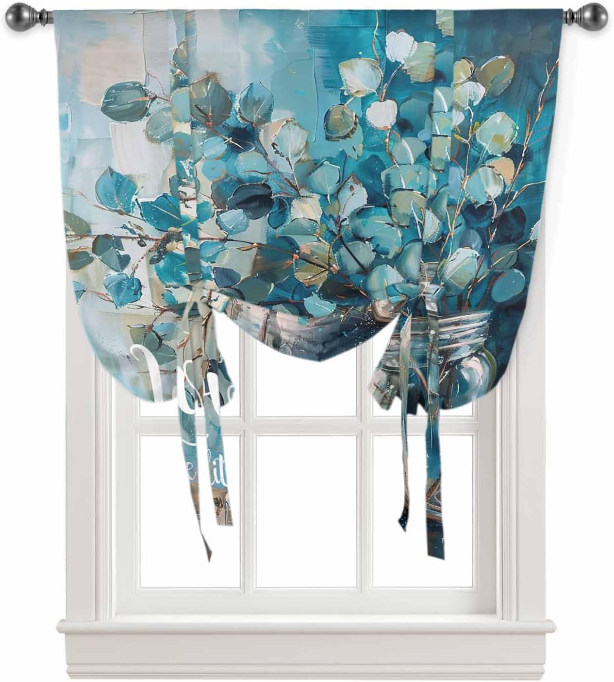 Tie Up Curtains Window Shades, Vintage Watercolor Blue Oil Painting Eucalyptus Leaves Rod Pocket Tie Up Window Shade, Adjustable Balloon Curtain Shade for Blinds Kitchen Bathroom, 1 Panel, 52"x63"
