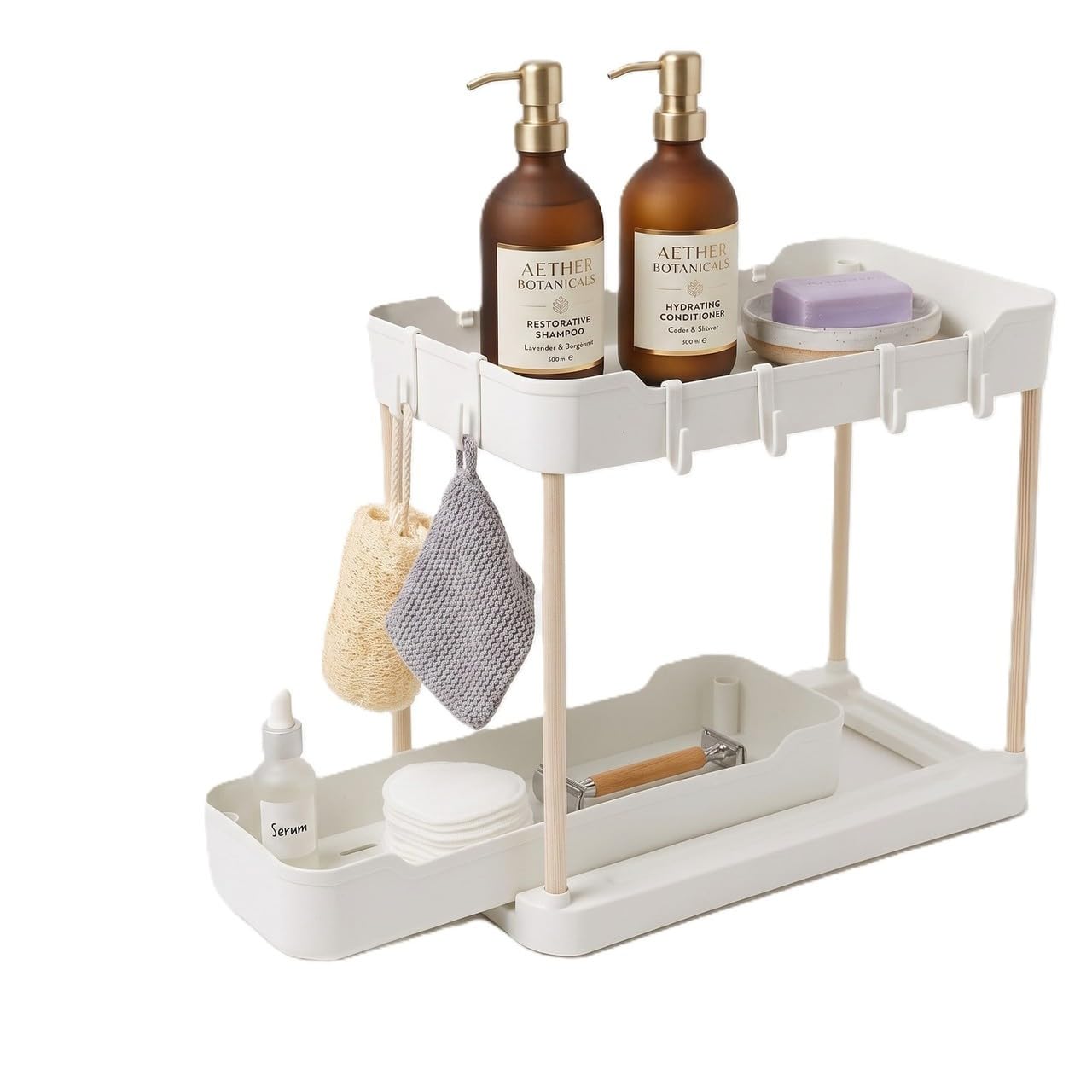 URBNLIVING 2 Tier Sliding Storage Rack with Slide Out Drawer & Hooks