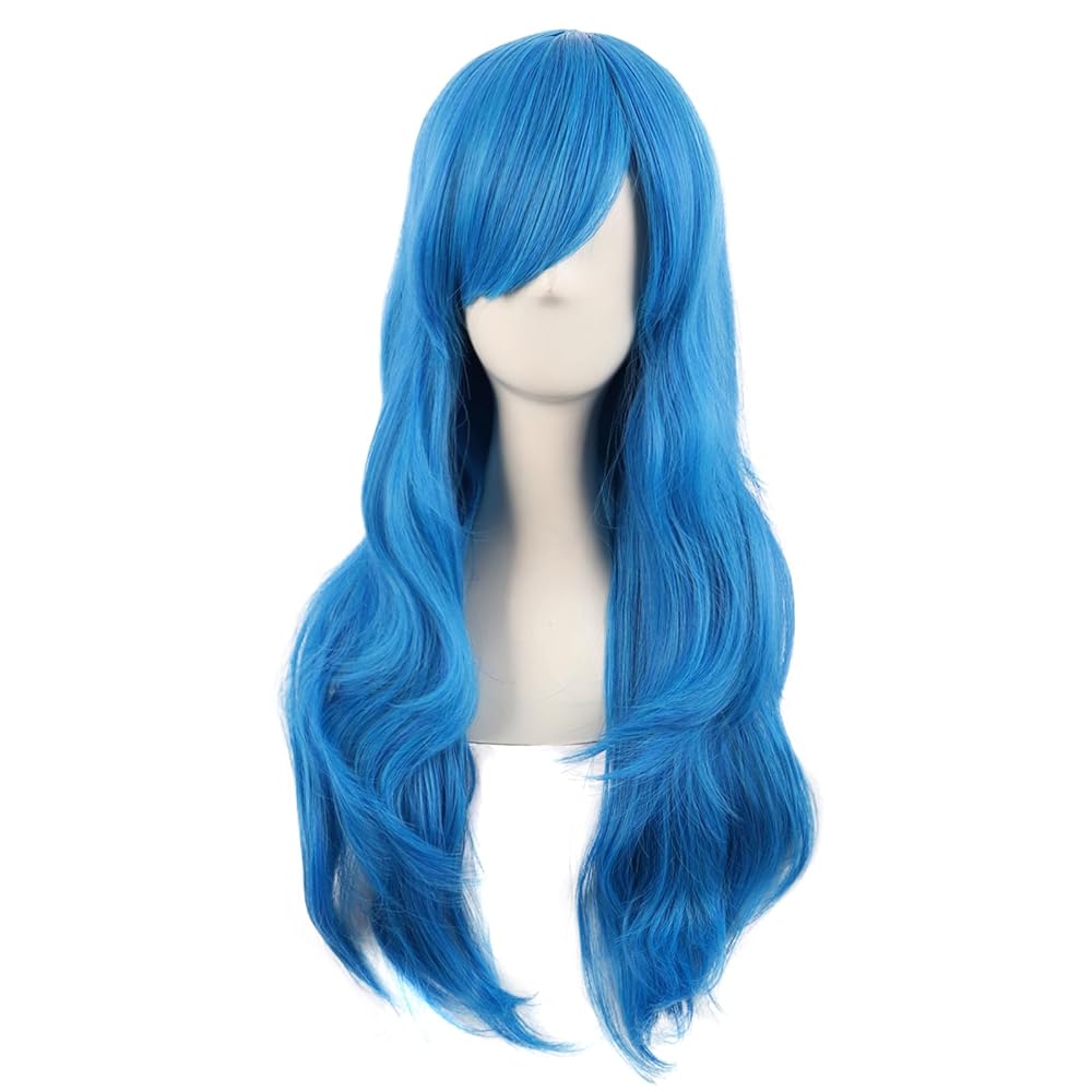 MapofBeauty 28 Inch/70 cm Women Side Bangs Long Curly Hair Cosplay Synthetic Wig (Mixed Vivid Blue)