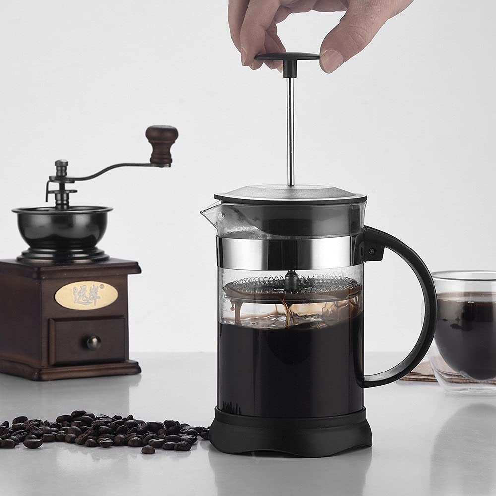 French Press Pot Stal nierdzewna Przezroczysta podwójna ściana Niełatwa do uszkodzenia Prasa do kawy z filtrem French Press Coffee Pot Łatwy do czyszczenia i użytkowania (Kolor: Czarny, Rozmiar: 350