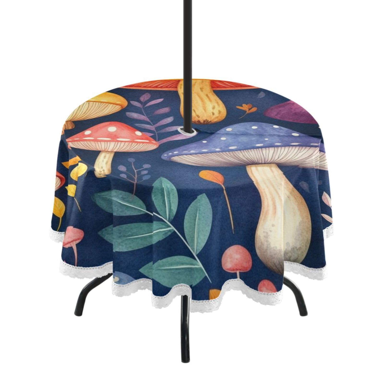 Ttgoth Mushroom Outdoor Table Cloth 152 cm Water Stain & Resistan Tablecloth Wipeable Table Cover with Parasol Hole & Zipper for Garden Patio Party Picnic