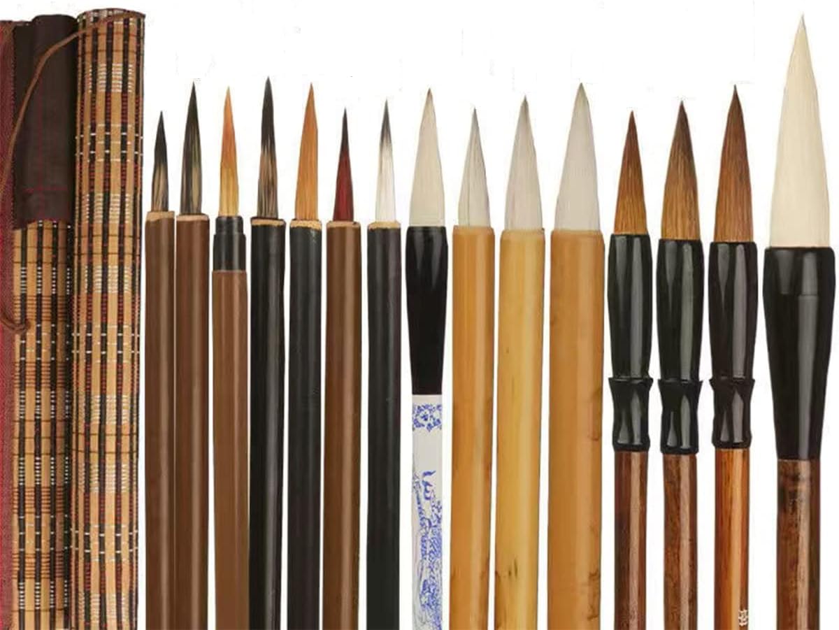 15Pcs Calligraphy Brushes Painting Writing Brushes Set with Storage Rolling Curtain - Chinese Painting Writing Maobi Drawing Watercolour Ink Art Pencaligraphy Wooden Brush Kit for Beginners