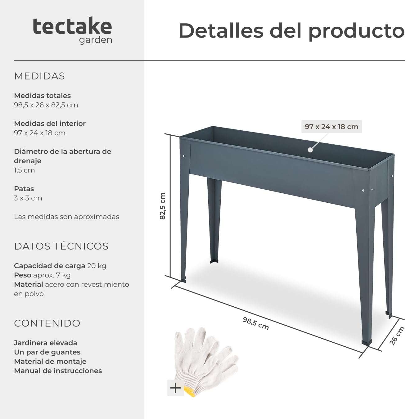 tectake® Jardinera Rectangular 98,5 x 26 x 82,5 cm, Jardineras Exteriores con Patas, Jardin Vertical, Maceteros Exterior, Jardinera Vertical, Macetero con Drenaje, Huerto Urbano Exterior - Antracita