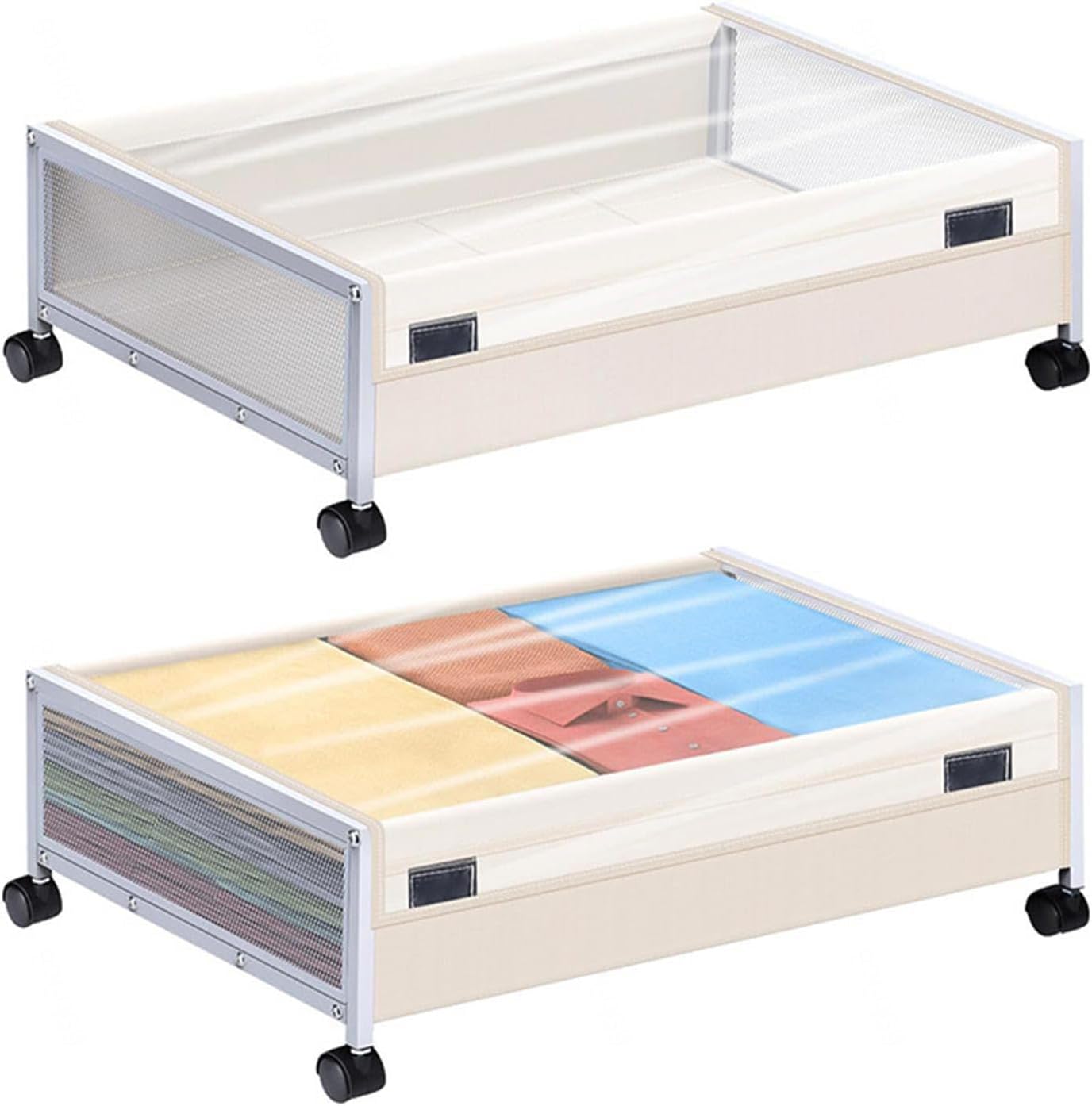 2 Pack Under Bed Storage with Wheels,Duty Metal Under Bed Shoe Storage Organizer,Under Bed Drawer Rolling Storage for Bedroom Clothes, Bedding, Shoes, Blankets,B-Large