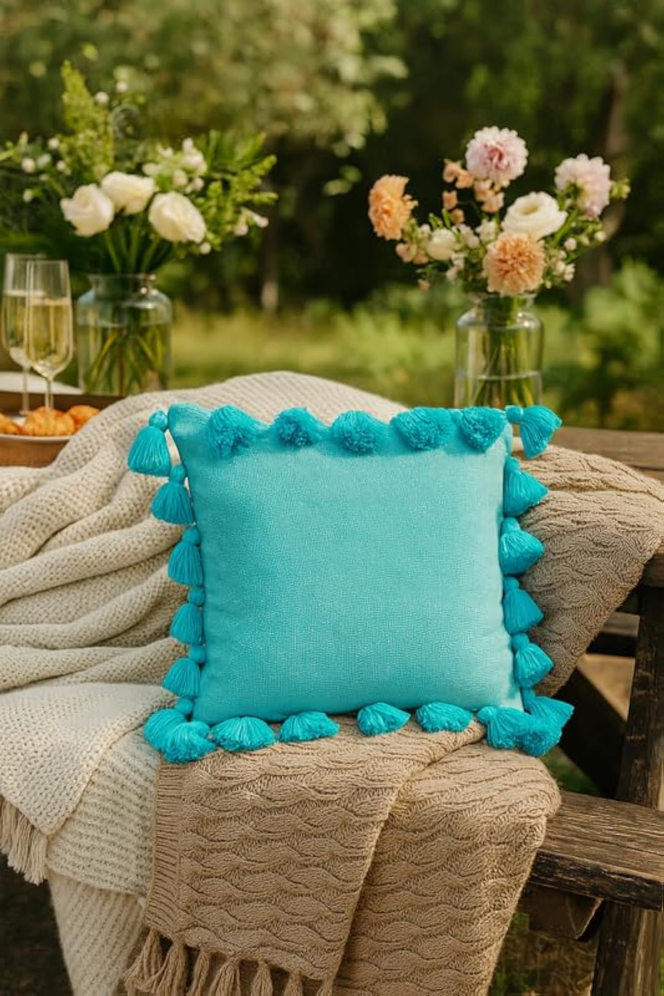 Ice Blue Tassel Cushion Cover Set of 1, Handmade