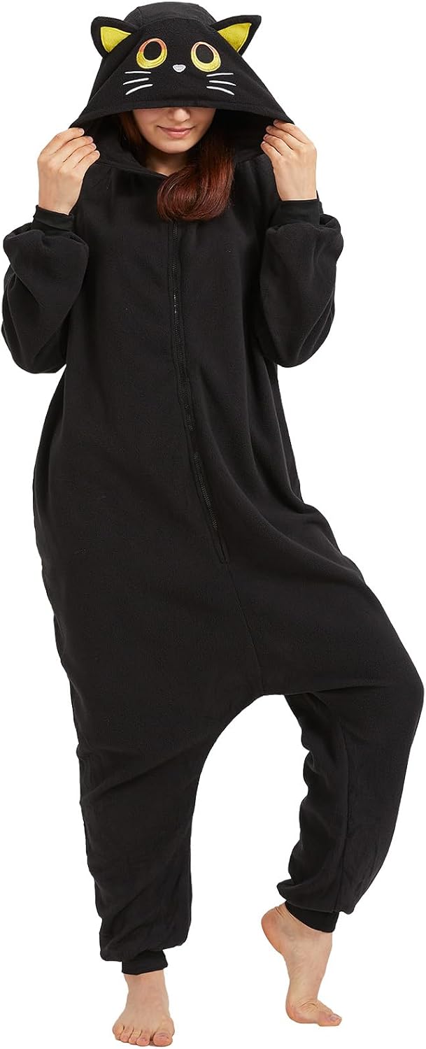 Cozy Black Cat Onesie Pajamas for Adults Halloween Costume One-Piece Cosplay Christmas Sleepwear X-Large Cartoon Black Cat Costume