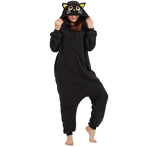 Cozy Black Cat Onesie Pajamas for Adults Halloween Costume One-Piece