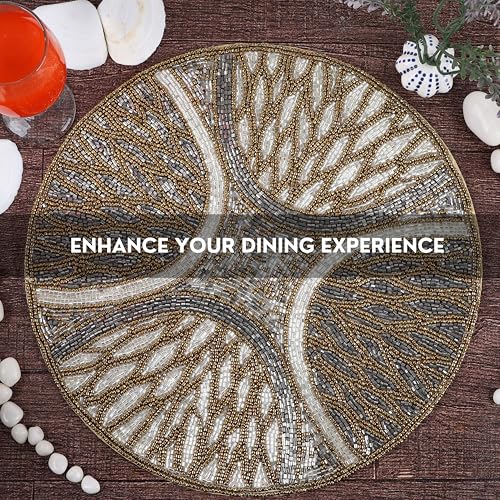 Holiday Beaded Table Placemats - 13 Inch Handmade Glass Beads Round Charger Plate for Weddings, Parties, Dinner, Kitchen Décor - Durable, Stain-Resistant, Non-Slip Back(Brown Grey) - CLEENTABLE by CLEENTABLE - Image 6