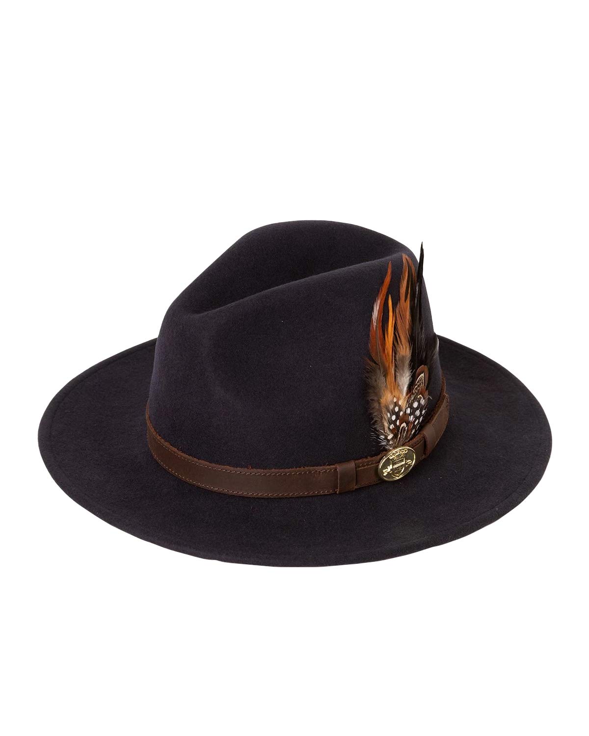 Rydale Unisex Navy Fedora Mens & Womens Wool Felt Hat With Suede Band And Feather Decoration (, Large)