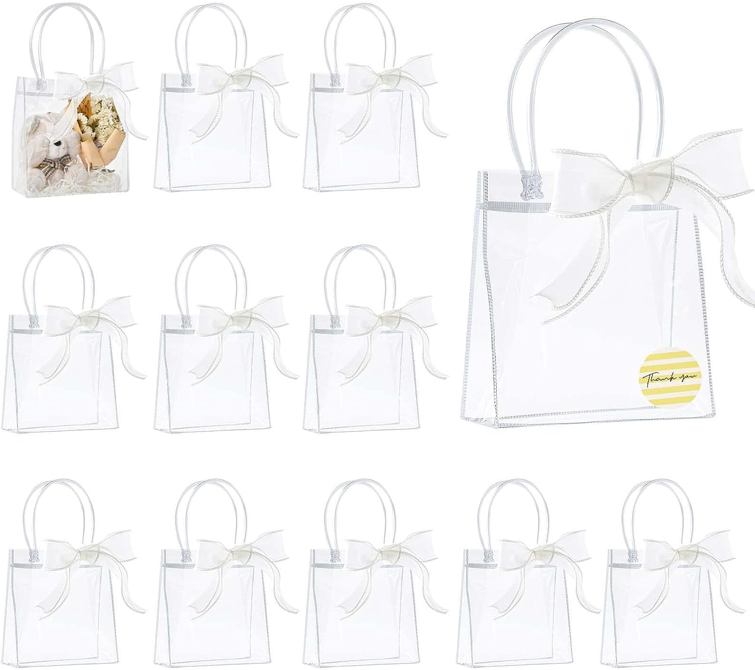 Dailychic Clear PVC Plastic Gift Bags,12pcs Reusable Transparent Gift Wrap Tote Bag with Ribbon and Thank You Stickers for Wedding Birthday Baby Shower Party Favor Bags (15x16x8cm(Pack of 12))
