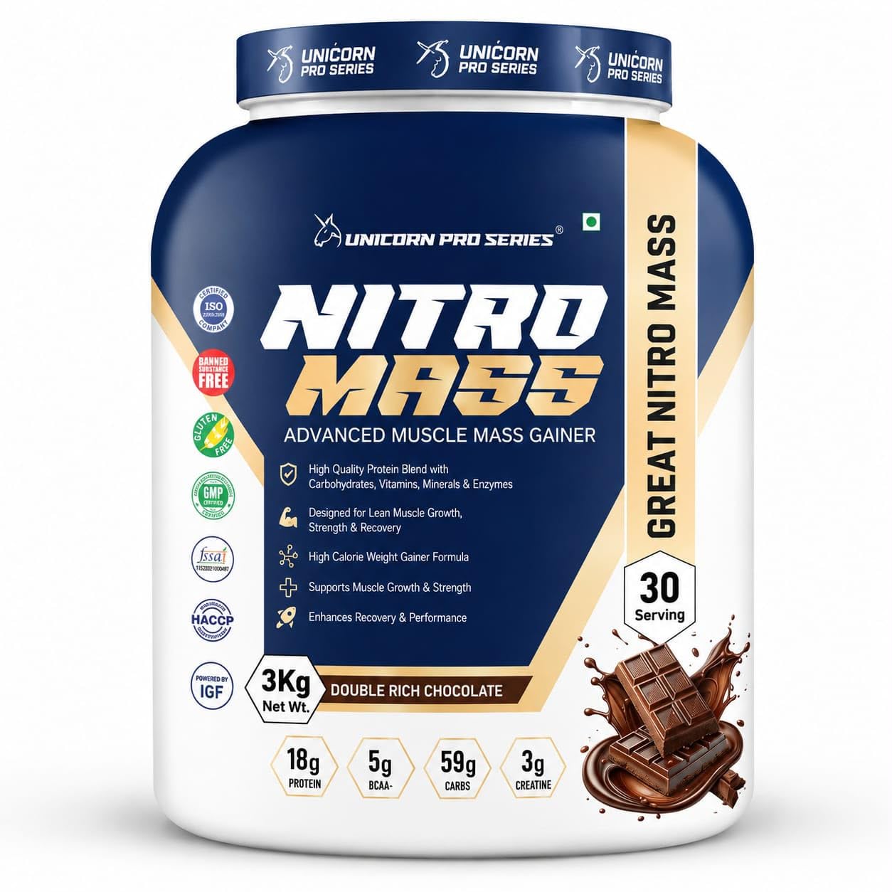 unicorn pro series nitro mass advanced muscle mass gainer powder | double rich chocolate | high protein weight gainer with carbs, vitamins & minerals | 3 kg | 30 servings