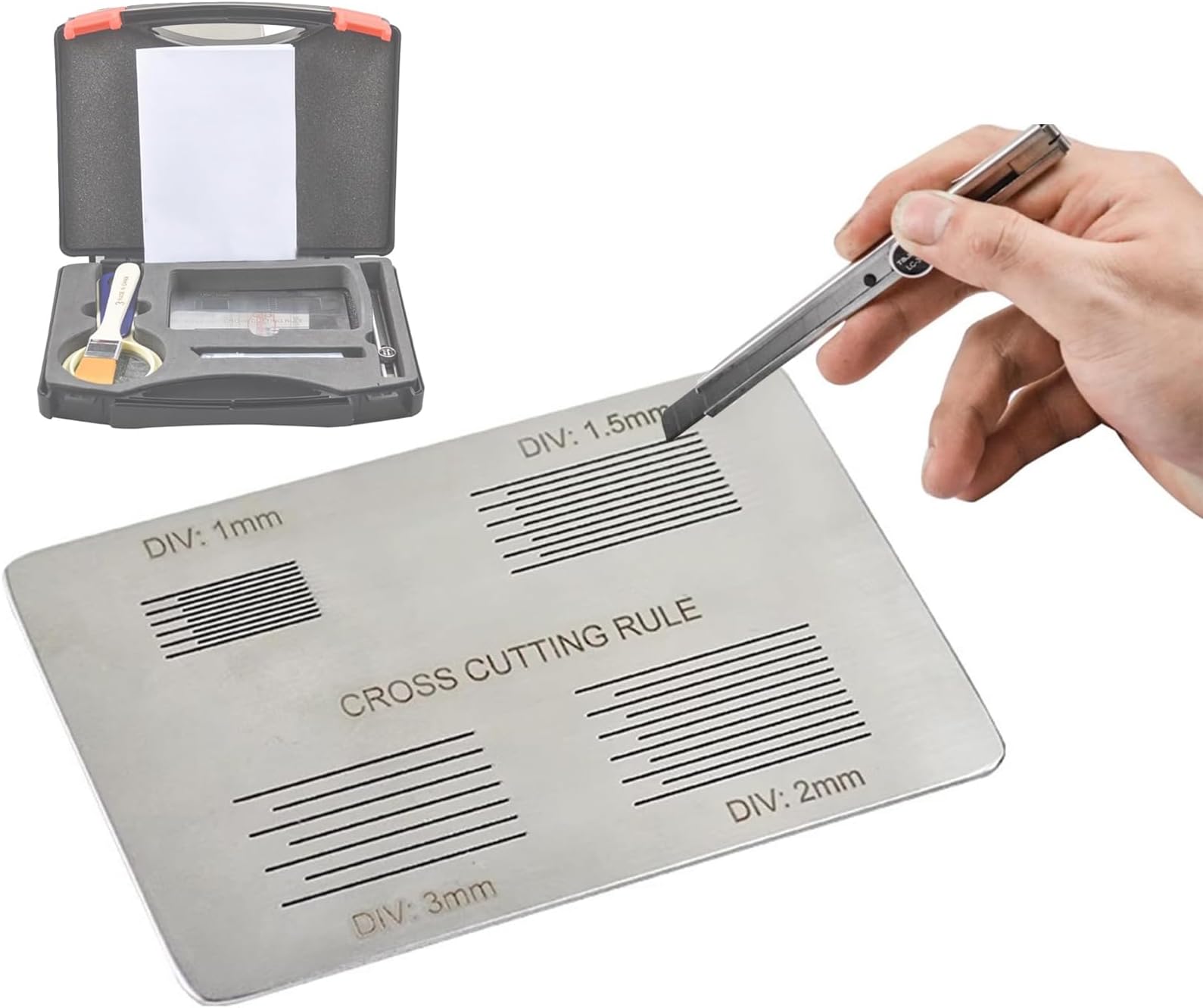 4 In 1 Cross Cutting Rule, Portable Hundred Grid Adhesion Tester with Tool Box, 1mm/1.5mm/2mm/3mm Cutting Space, Cross Hatch Plate for Paint Coating