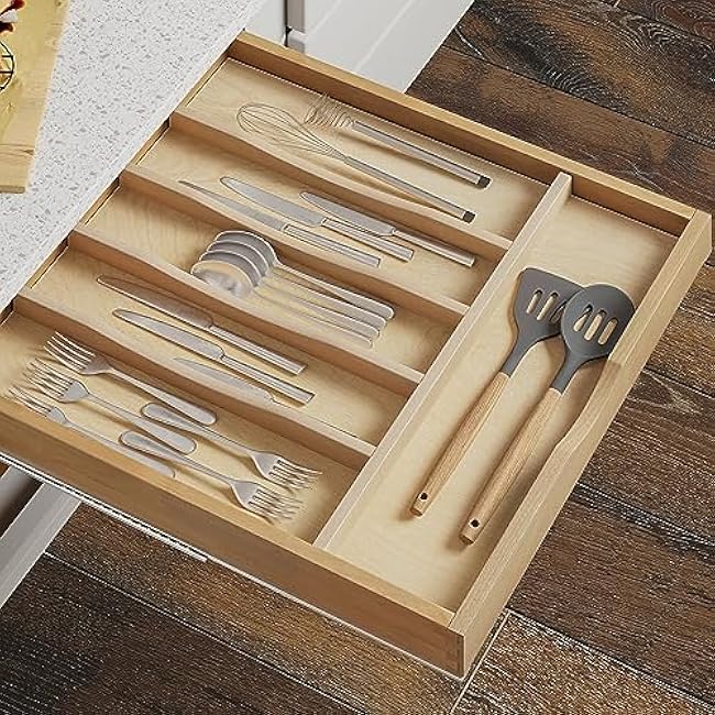 WelFurGeer Solid Birch Wood Silverware Drawer Organizer, Wooden Cutlery Drawer Organizer, Utensil Tray for Kitchen Drawers, Kitchen Utensil Organizer for Silverware, Flatware, Spoons, Forks, Knives