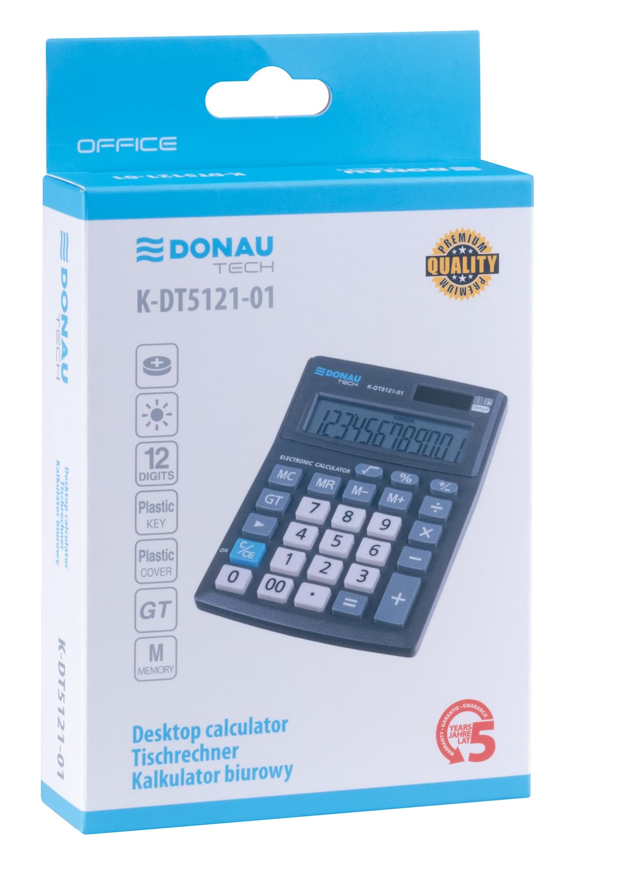 Donau TECH biurkowy kalkulator biurkowy K-DT5121-01/12-cyfrowy wyświetlacz/137 x 101 x 30 mm/kolor: czarny/kalkulator Dual-Power Solar - zasilanie bateryjne/kompaktowa konstrukcja / 5 lat gwarancji