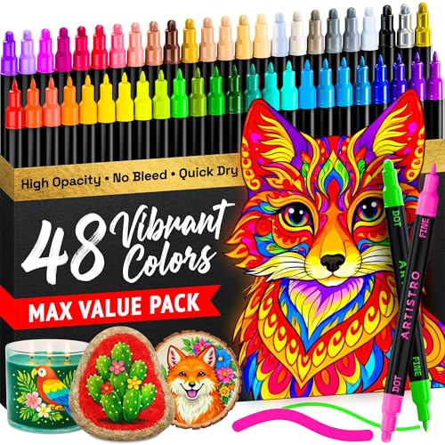 Image of ARTISTRO 48 Precision Dual-Tip Acrylic Paint Markers - Paint Pens Set with Dot & Fine Tips for Fabric, Rock, Glass, Wood, Coloring Books - Arts & Crafts Gift - Classroom Must Haves & School Supplies
