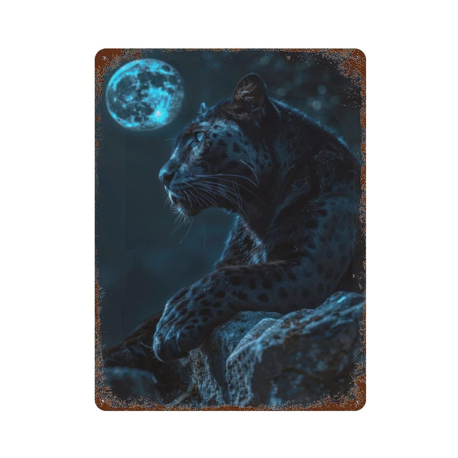 Rusty Metal Tin Sign Moonlight Mystical Panther 15.7"x11.8", Industrial Home Decor for Patio, Garden Room And Bar Decor