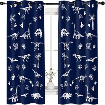 Navy Blue Dinosaur Printed Curtains Cartoon Dinosaur Graffiti 42x63Inch