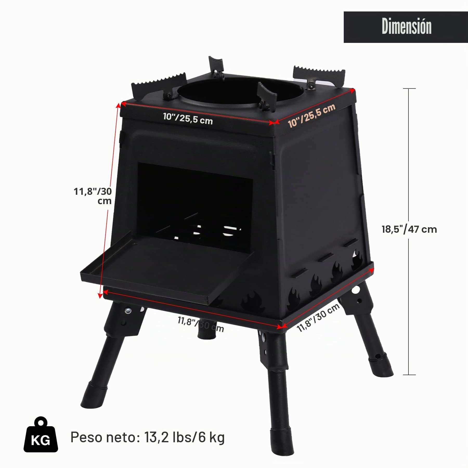 Estufa de Leña Portátil de Hierro Fundido para Camping, Negra Con Funda de Transporte para Mochileros, Cocina Al Aire Libre, Grande