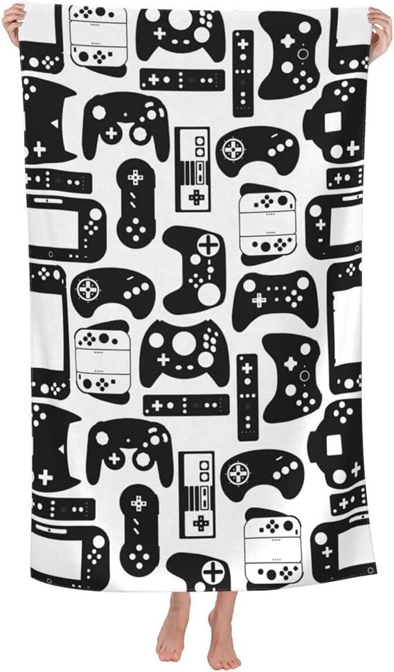 VOOHDDY Video Game Controller Black White Beach Towel Large Soft Absorbent Microfiber Quick Dry Oversized Bath Towels for Bathroom Women Men Pool Camping Travel Swimming Picnic Sports