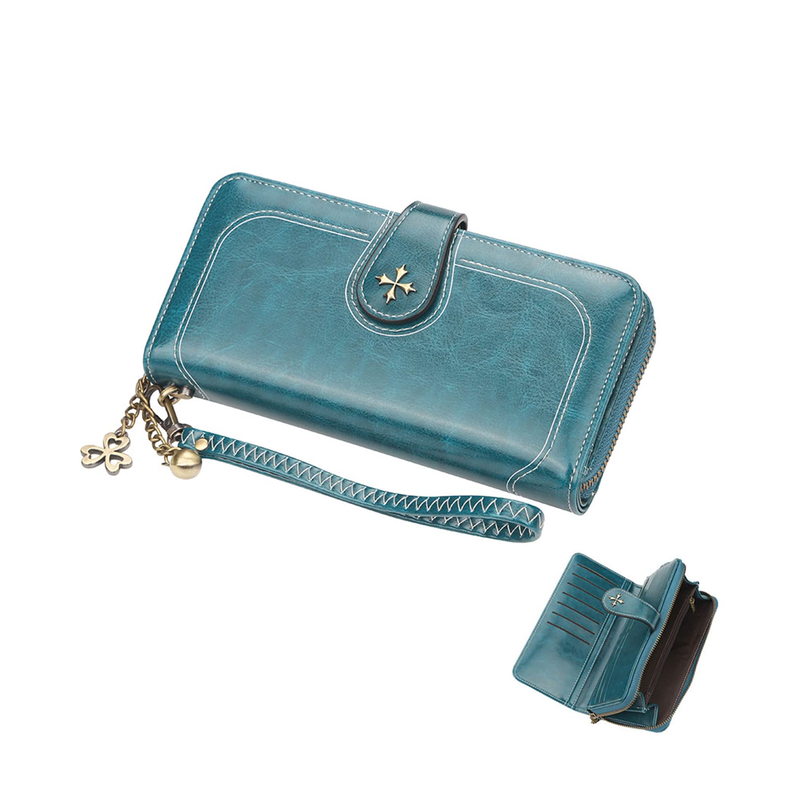PORRASSO Women's Wallet - PU Leather Card Holder With Phone Pocket, 17 Card Slots, Zip Coin Pouch (Blue)