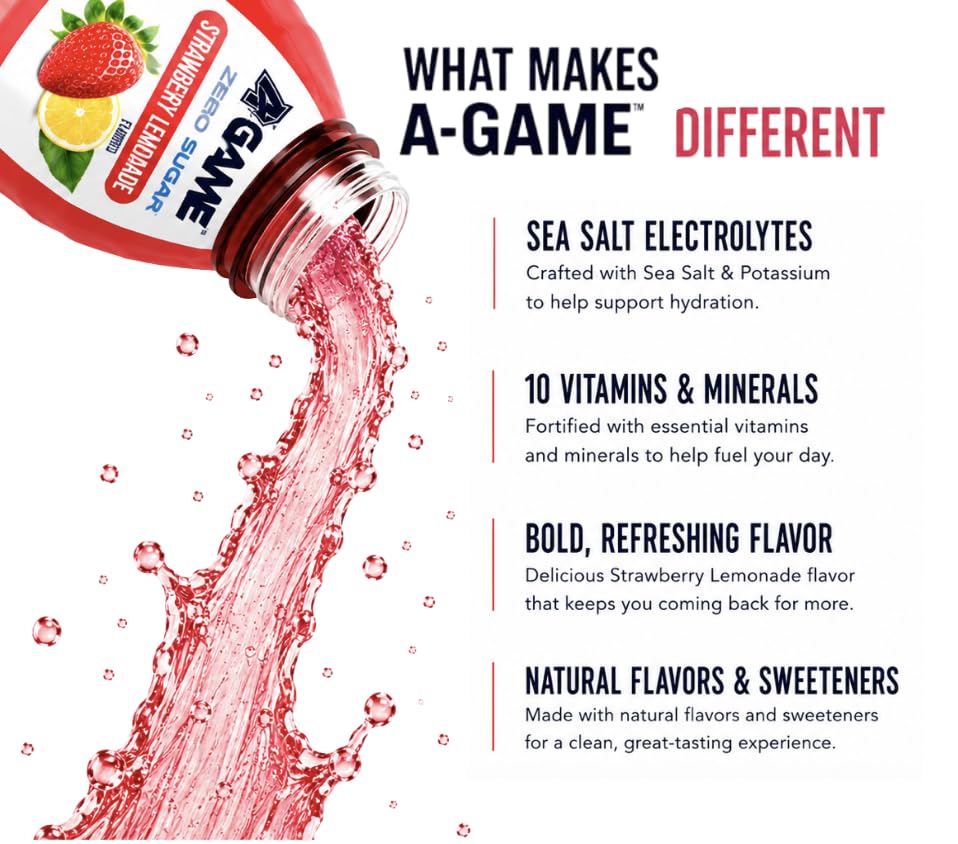 Image of A-GAME Zero Sugar Electrolyte Drink, Strawberry Lemonade Flavor, 12 Pack