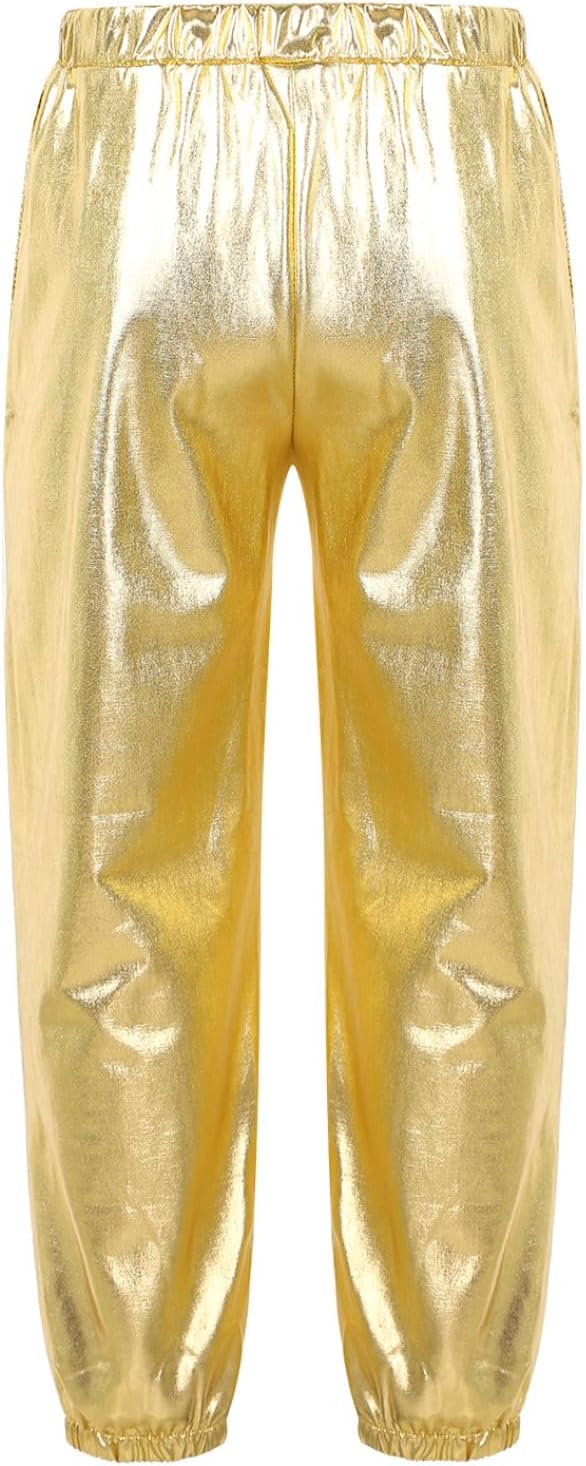 Yhong Boys Girls Shiny Metallic Waistband Dance Pants Hip-hop Street Dance Sweatpants Harem Pants with Pokcet