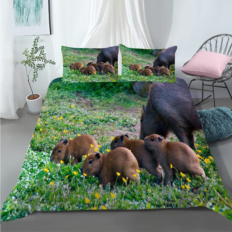Housse de couette capybara 220x240 cm avec 2 taies d'oreiller en microfibre lit adulte vert foncé