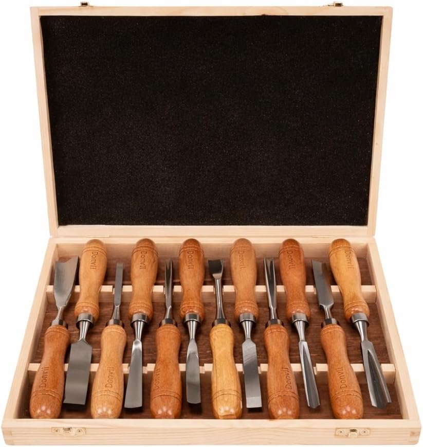 12-Pieces Wood Carving Tools Set – Professional Carving Chisel with Razor Sharp CRV-60 Steel Blades and Wooden Handles in a Wooden Storage Case- Wood Carving Kit