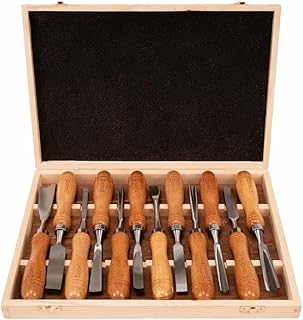 12-Pieces Wood Carving Tools Set – Professional Carving Chisel with Razor Sharp CRV-60 Steel Blades and Wooden Handles in a Wooden Storage Case- Wood Carving Kit