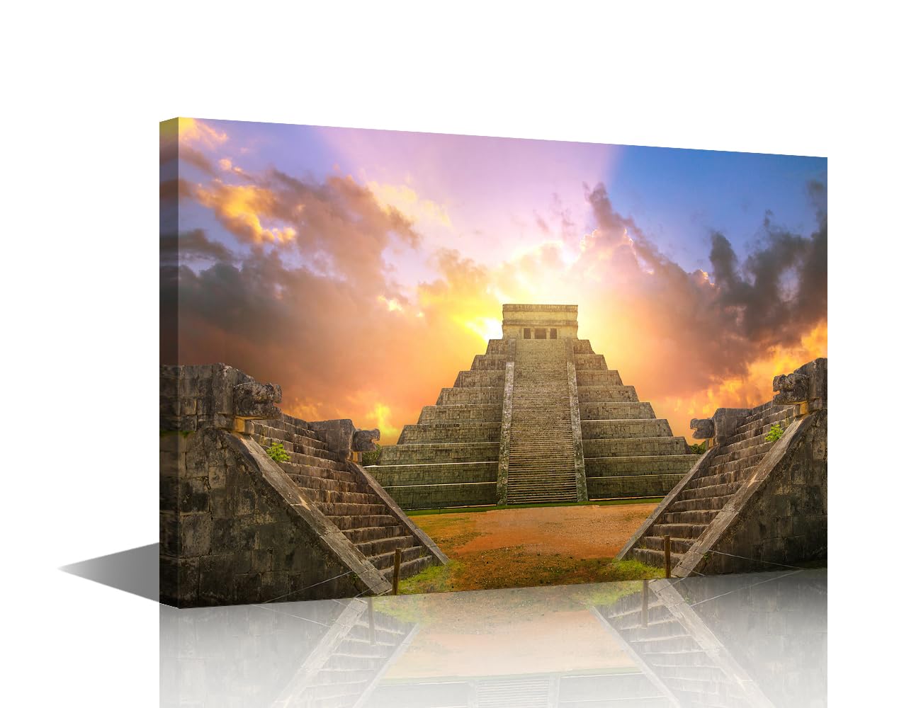 1 Panel Mayan Canvas Wall Art Pyramid of Cukulcan El Castillo Pictures Mayan Culture Poster Sunset Paintings Home Modern Decor Ancient Mexican Artwork Ready to Hang Poster and Prints(12"Wx18"H)