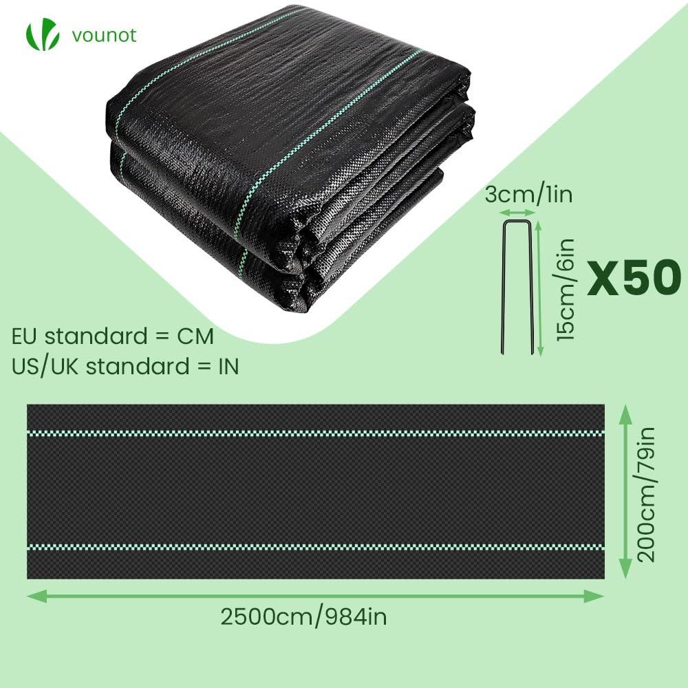 VOUNOT Malla Antihierbas de Jardín, 2 m x 50 m, 100 g/m², con 100 Clavijas VOUNOT Malla Antihierbas de Jardín, 2 m x 50 m, 100 g/m², con 100 Clavijas