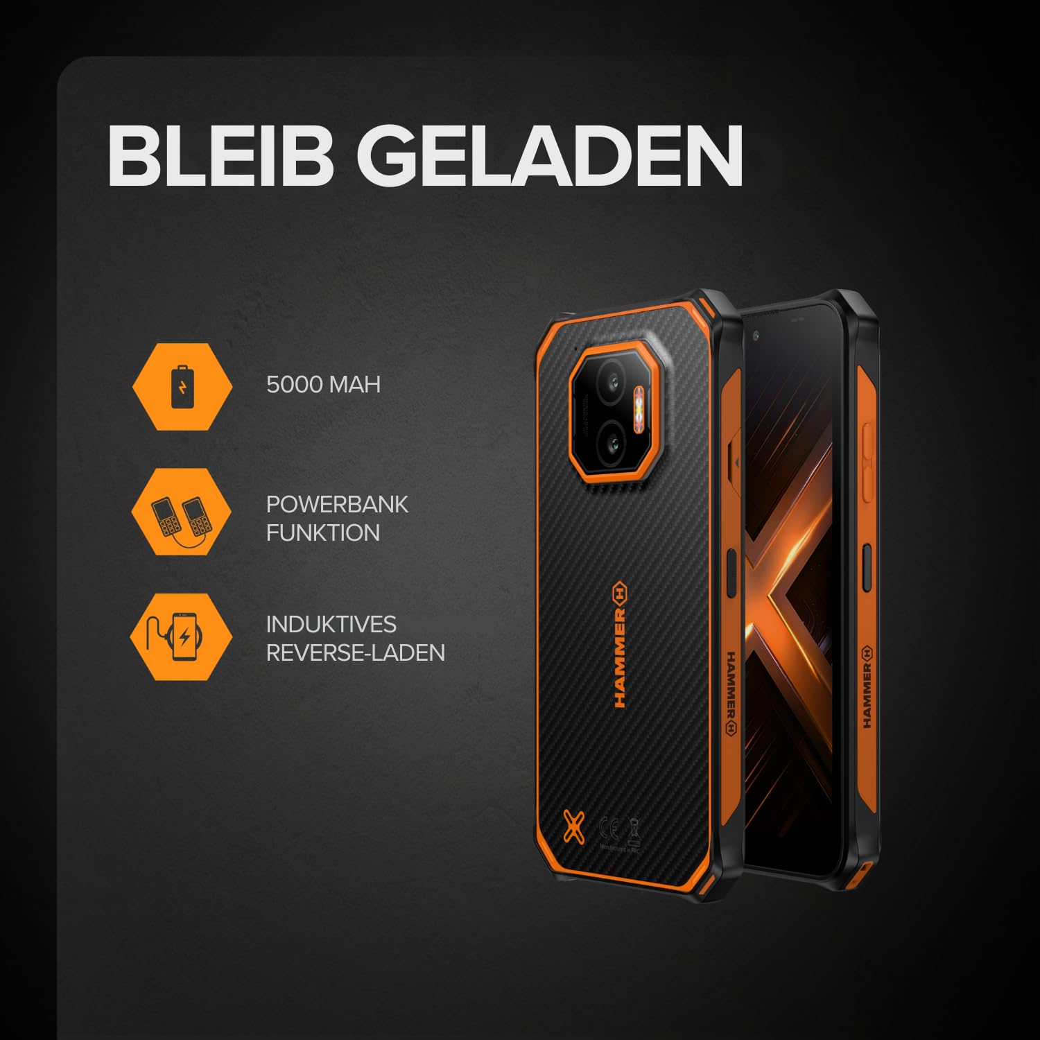 Hammer Energy X2 5G 8+8GB/256GB Outdoor Handy, Baustellenhandy und Rugged Handy, 6.1" Display, IP69 wasserdicht, 5000mAh Akku, Dual SIM, eSIM, 2 Jahre Garantie – Schwarz